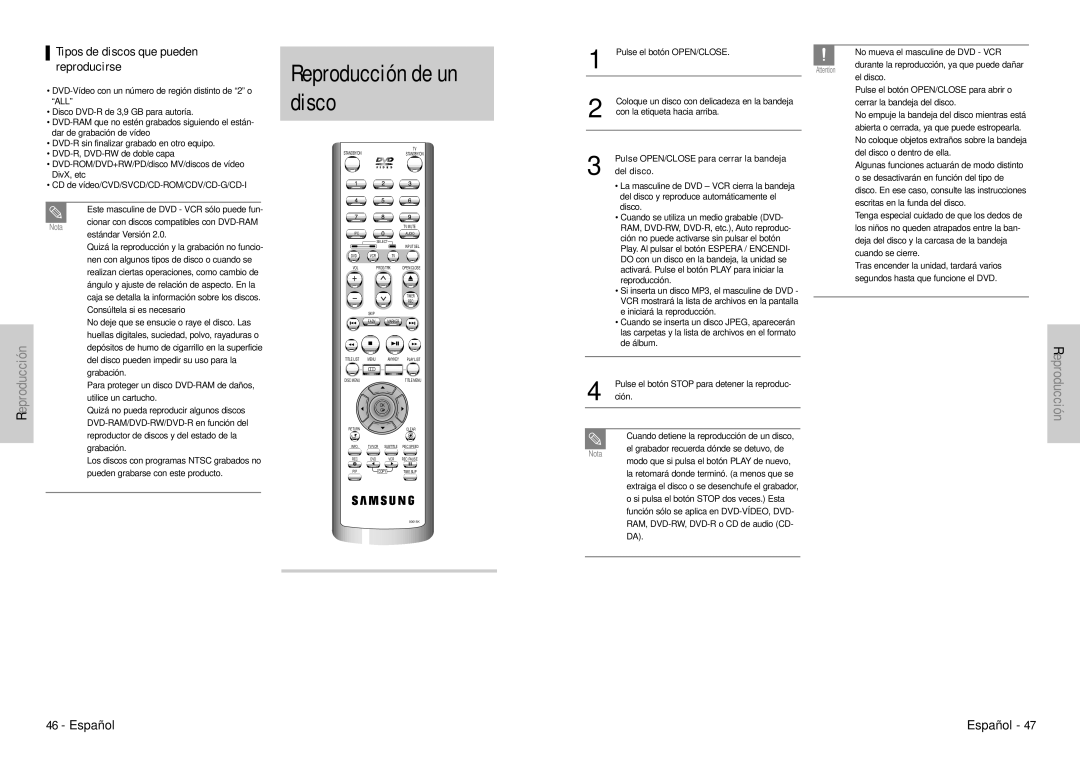 Samsung DVD-VR300E/XEC Disco, Tipos de discos que pueden, Reproducirse, Pulse OPEN/CLOSE para cerrar la bandeja, Del disco 