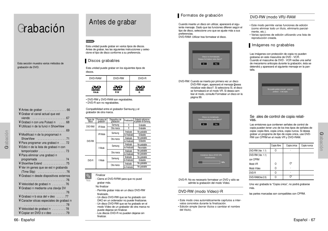 Samsung DVD-VR300E/XEC manual Antes de grabar, Formatos de grabación, Discos grabables, Imágenes no grabables 