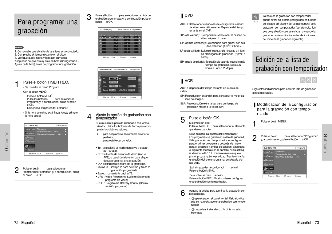 Samsung DVD-VR300E/XEC manual Temporizador, Pulse el botón ❷ para seleccionar la Lista de, Botón ❿ o OK, Si comete un error 