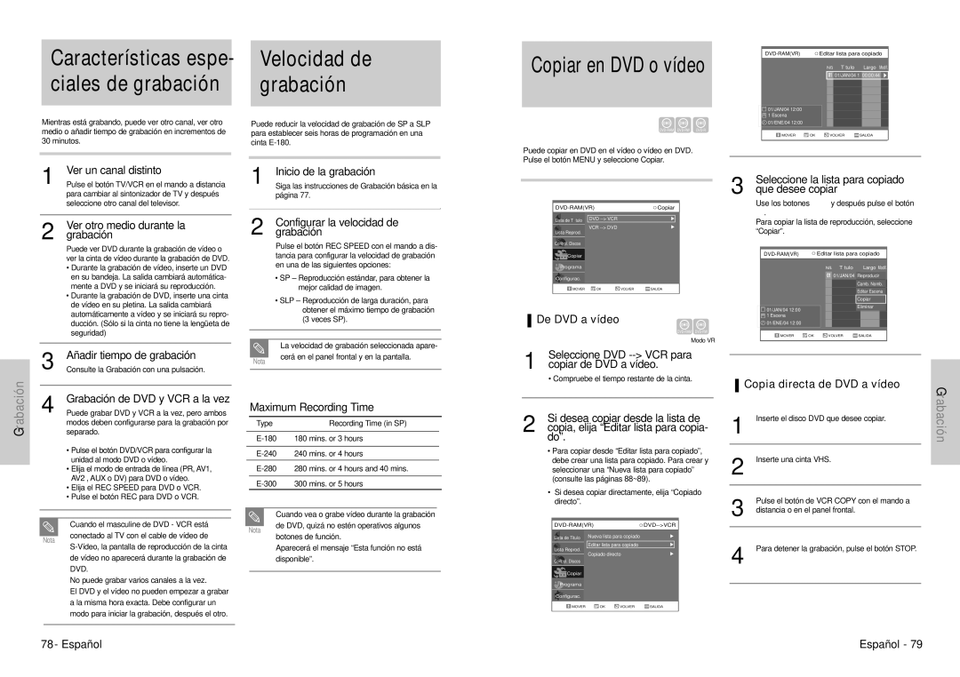 Samsung DVD-VR300E/XEC manual Velocidad de, Grabación, De DVD a vídeo 