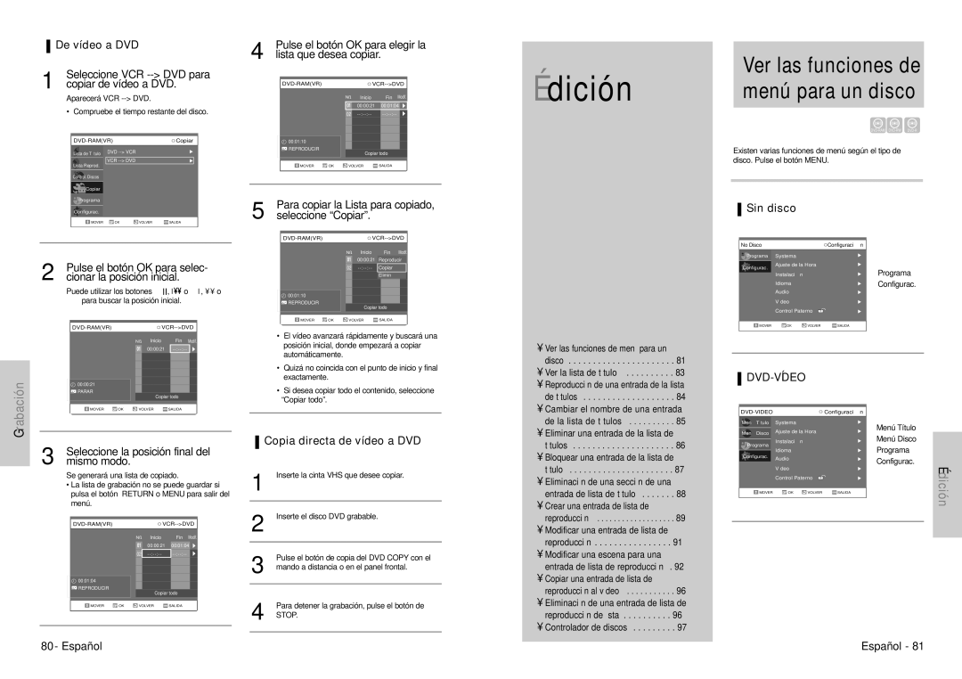 Samsung DVD-VR300E/XEC Ver las funciones de menú para un disco, De vídeo a DVD, Sin disco, Copia directa de vídeo a DVD 