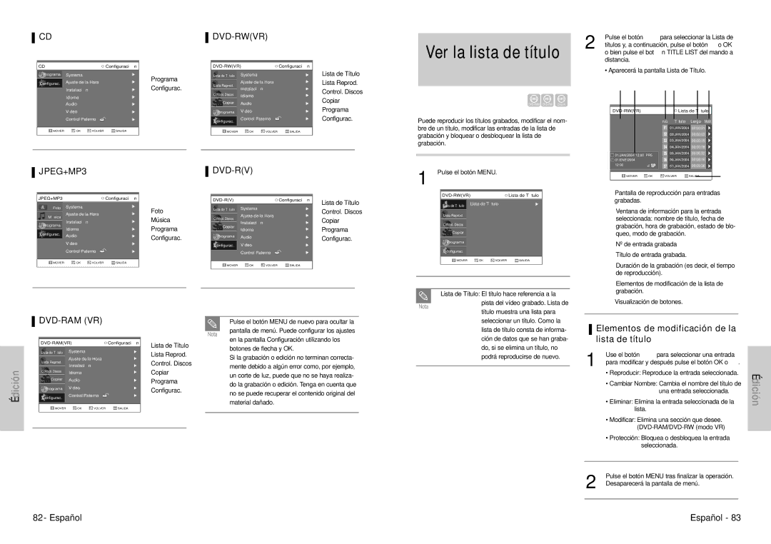 Samsung DVD-VR300E/XEC manual Ver la lista de título, Elementos de modificación de la lista de título, Distancia 