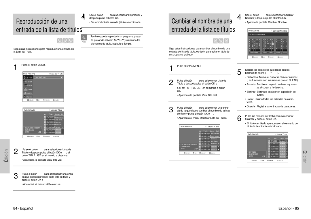 Samsung DVD-VR300E/XEC Cia, Pulse el botón ❷ para seleccionar una entra, Da de la que desee cambiar el nombre de la lista 