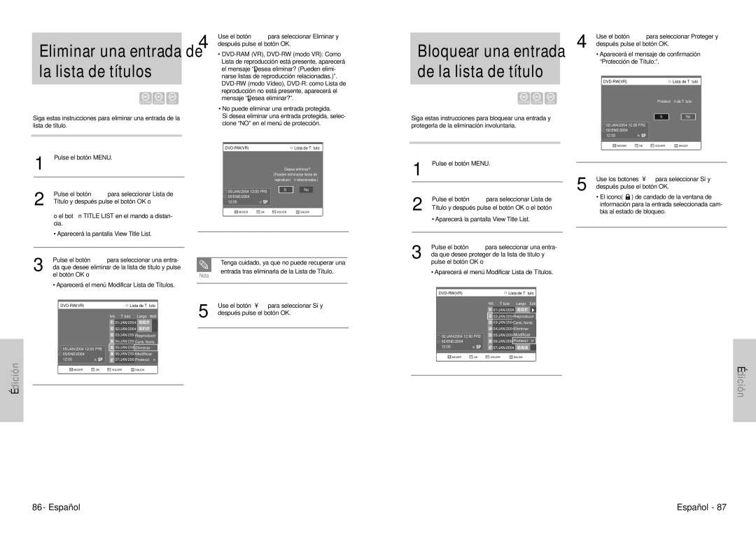 Samsung DVD-VR300E/XEC manual Bloquear una entrada de la lista de título, El botón Title List en el mando a distan 