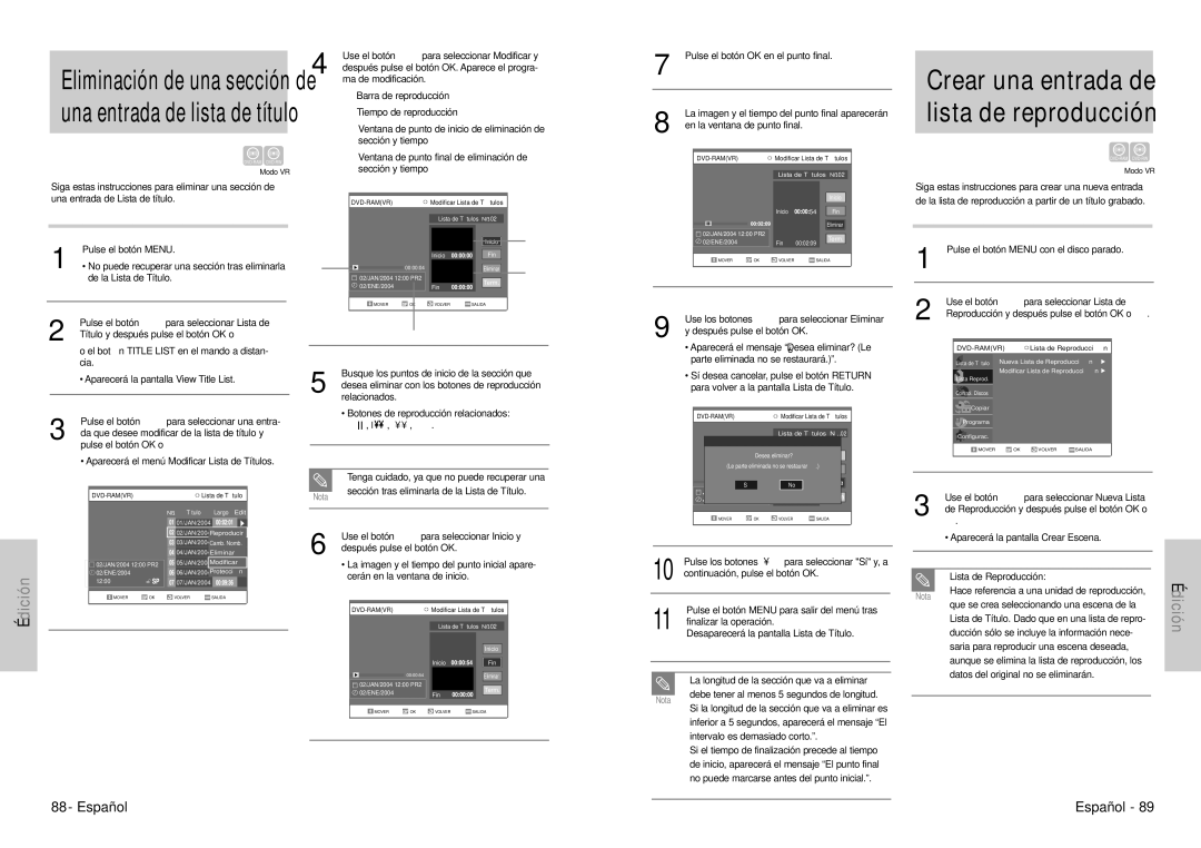 Samsung DVD-VR300E/XEC manual Crear una entrada de lista de reproducción, La imagen y el tiempo del punto final aparecerán 