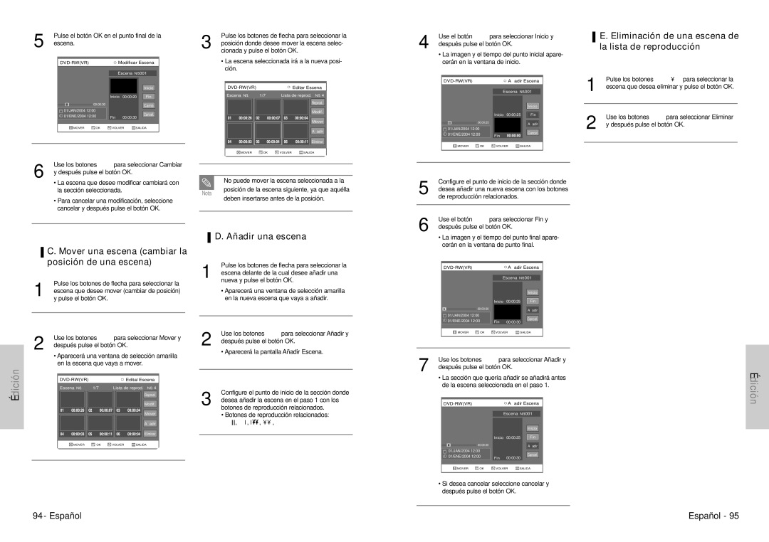 Samsung DVD-VR300E/XEC manual Posición de una escena, Añadir una escena 