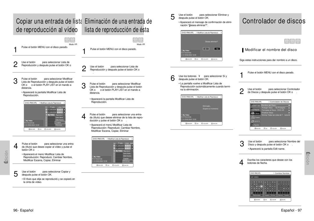 Samsung DVD-VR300E/XEC manual De reproducción al vídeo, Modificar el nombre del disco 