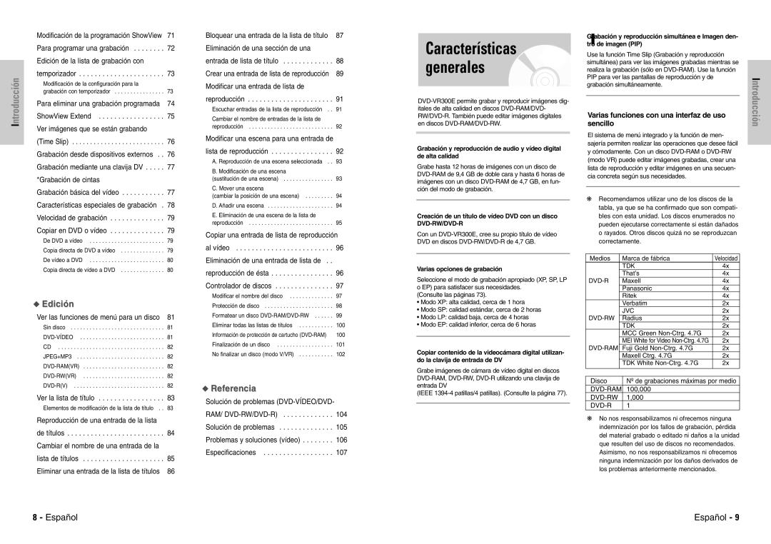 Samsung DVD-VR300E/XEC manual Características generales, Varias opciones de grabación 