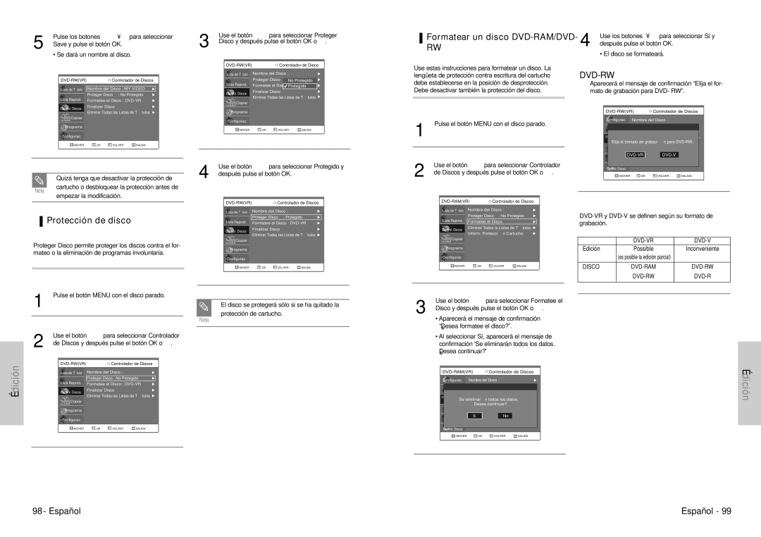 Samsung DVD-VR300E/XEC manual Formatear un disco DVD-RAM/DVD, Protección de disco, Disco 