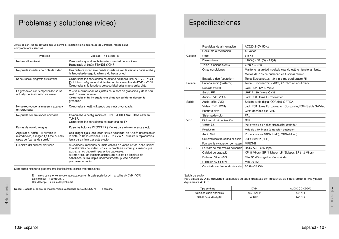 Samsung DVD-VR300E/XEC manual Problemas y soluciones vídeo, Especificaciones 