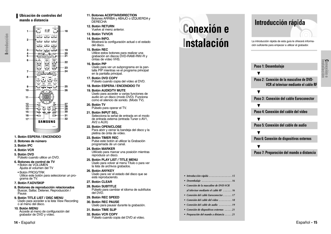 Samsung DVD-VR300E/XEC manual Introducción rápida, Ubicación de controles del 