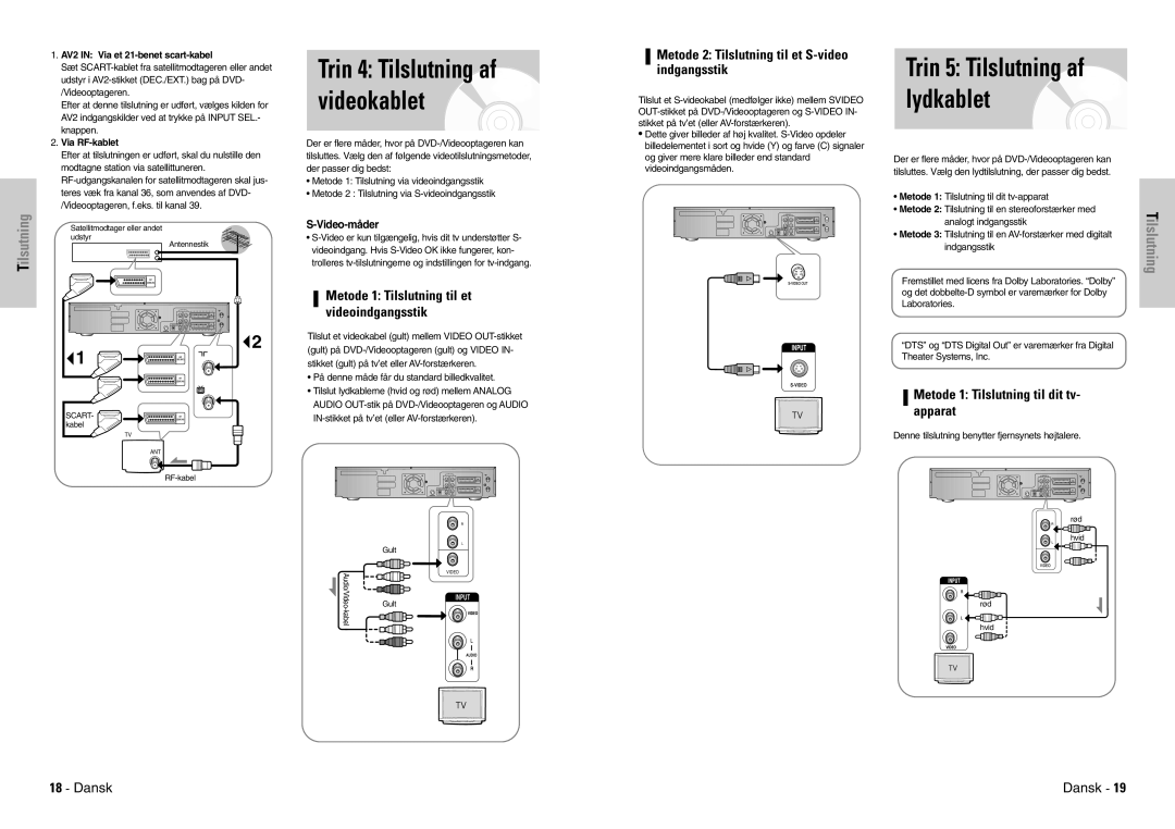 Samsung DVD-VR300E/XEE manual Trin 4 Tilslutning af videokablet, Trin 5 Tilslutning af lydkablet, Tilsutning 