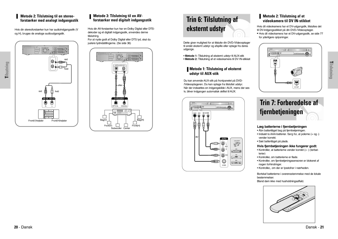 Samsung DVD-VR300E/XEE manual Trin 6 Tilslutning af eksternt udstyr, Trin 7 Forberedelse af 