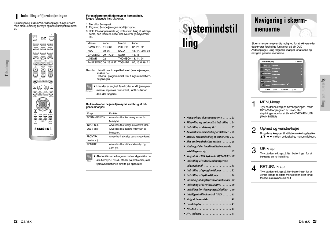 Samsung DVD-VR300E/XEE manual Navigering i skærm- menuerne, Systemindstilling, Indstilling af fjernbetjeningen 