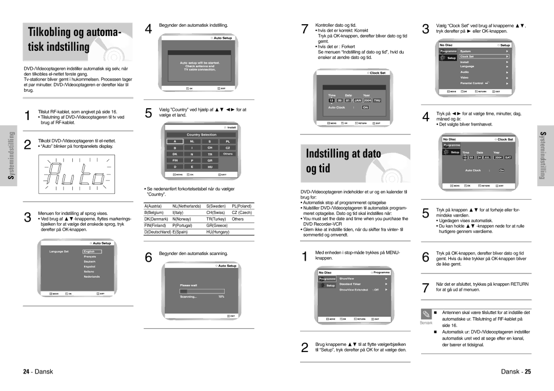 Samsung DVD-VR300E/XEE manual Indstilling at dato og tid, Tilkobling og automa- tisk indstilling 