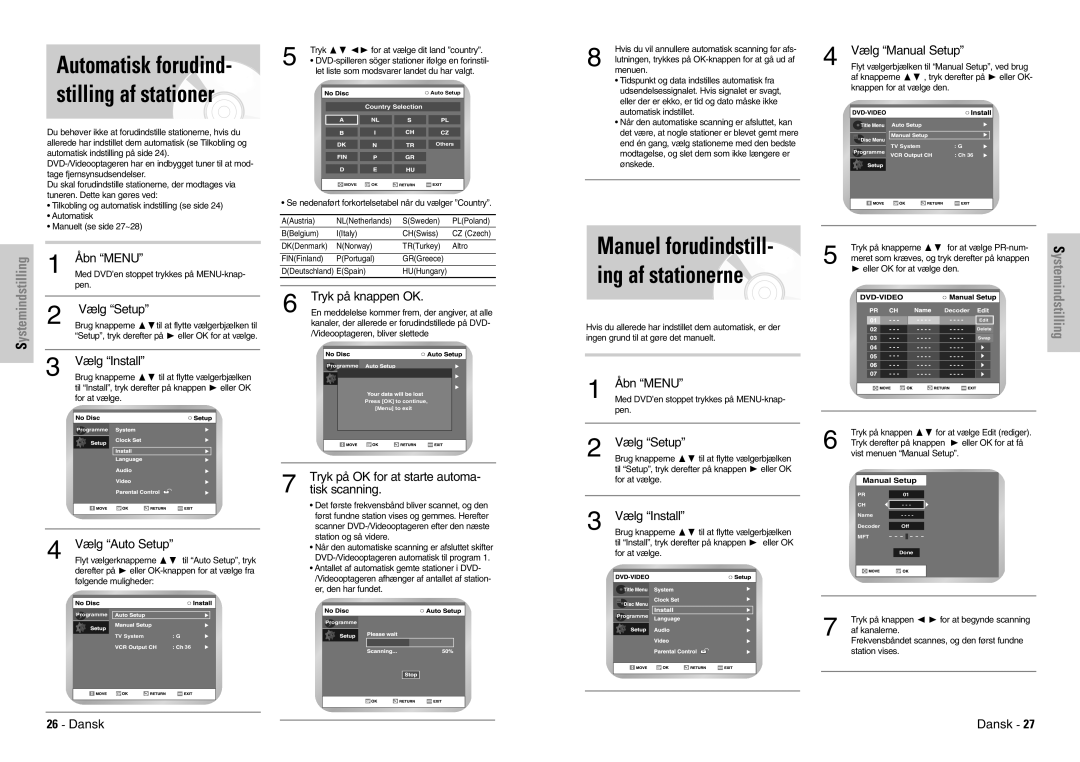 Samsung DVD-VR300E/XEE manual Automatisk forudind- stilling af stationer, Manuel forudindstill- ing af stationerne 