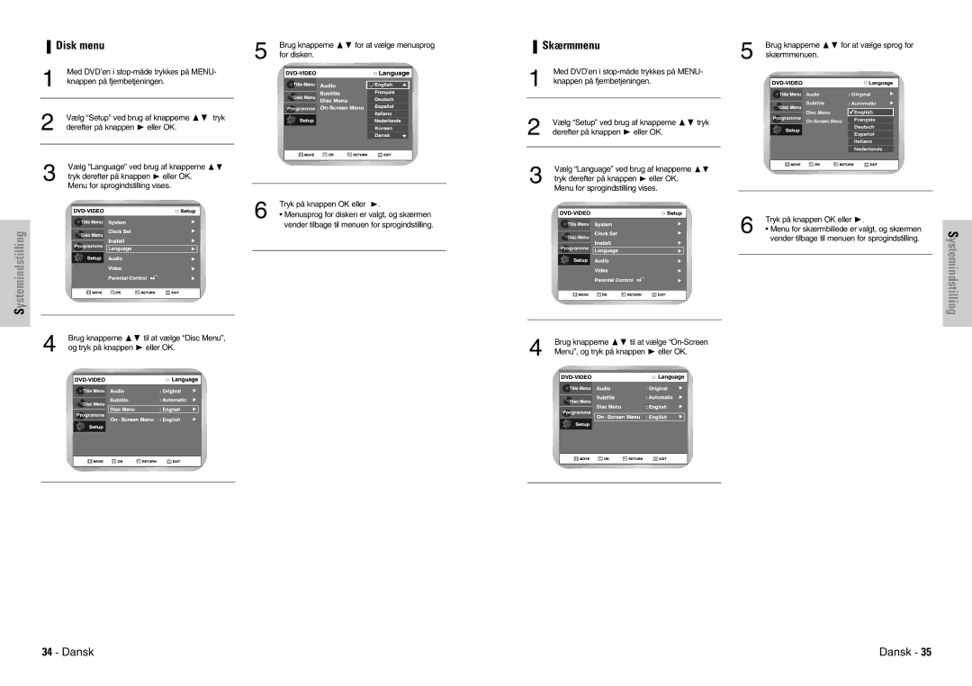 Samsung DVD-VR300E/XEE manual Disk menu, Brug knapperne, Skærmmenuen 