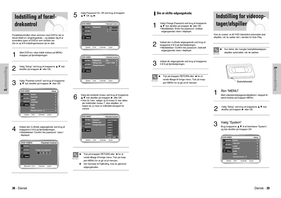 Samsung DVD-VR300E/XEE manual Drekontrol, Indstilling for videoop- tager/afspiller, Om at skifte adgangskode, Vælg System 