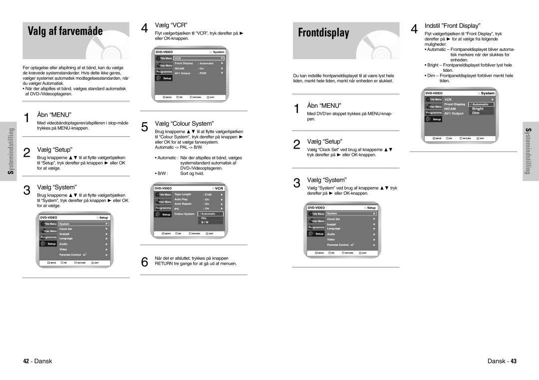 Samsung DVD-VR300E/XEE manual Valg af farvemåde, Frontdisplay, Indstil Front Display, Vælg Colour System 