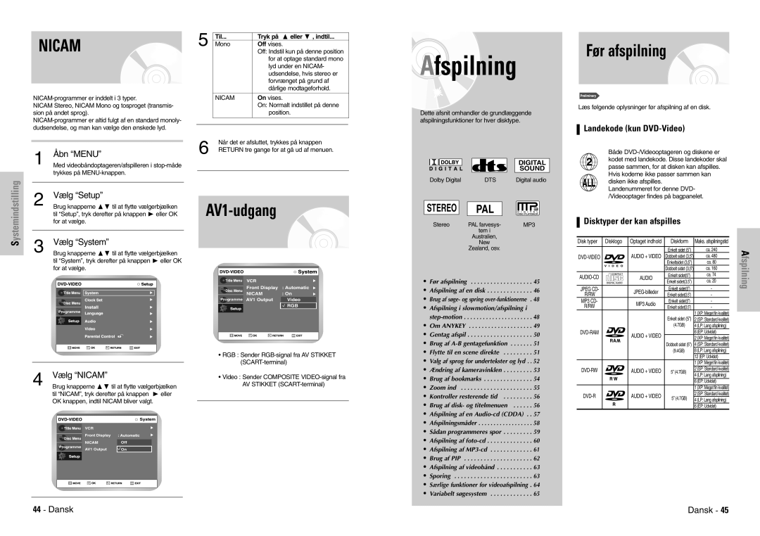 Samsung DVD-VR300E/XEE manual Før afspilning, AV1-udgang, Landekode kun DVD-Video, Disktyper der kan afspilles 