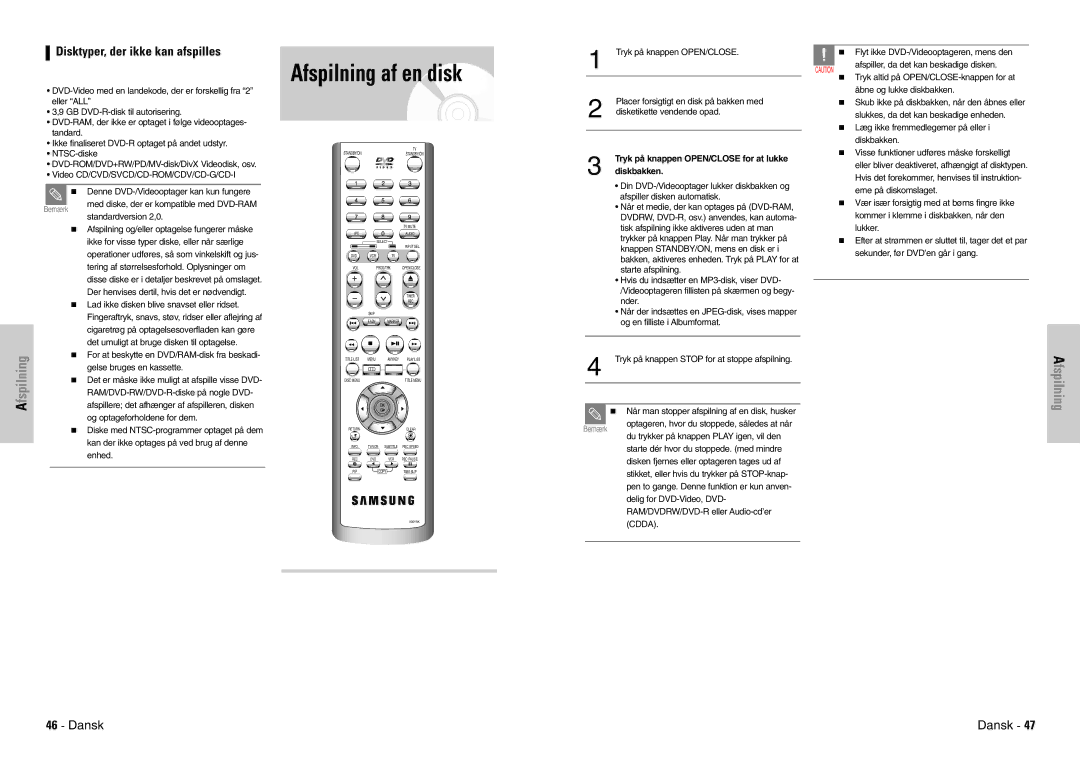 Samsung DVD-VR300E/XEE manual Afspilning af en disk, Fspilning, Disktyper, der ikke kan afspilles, Diskbakken 