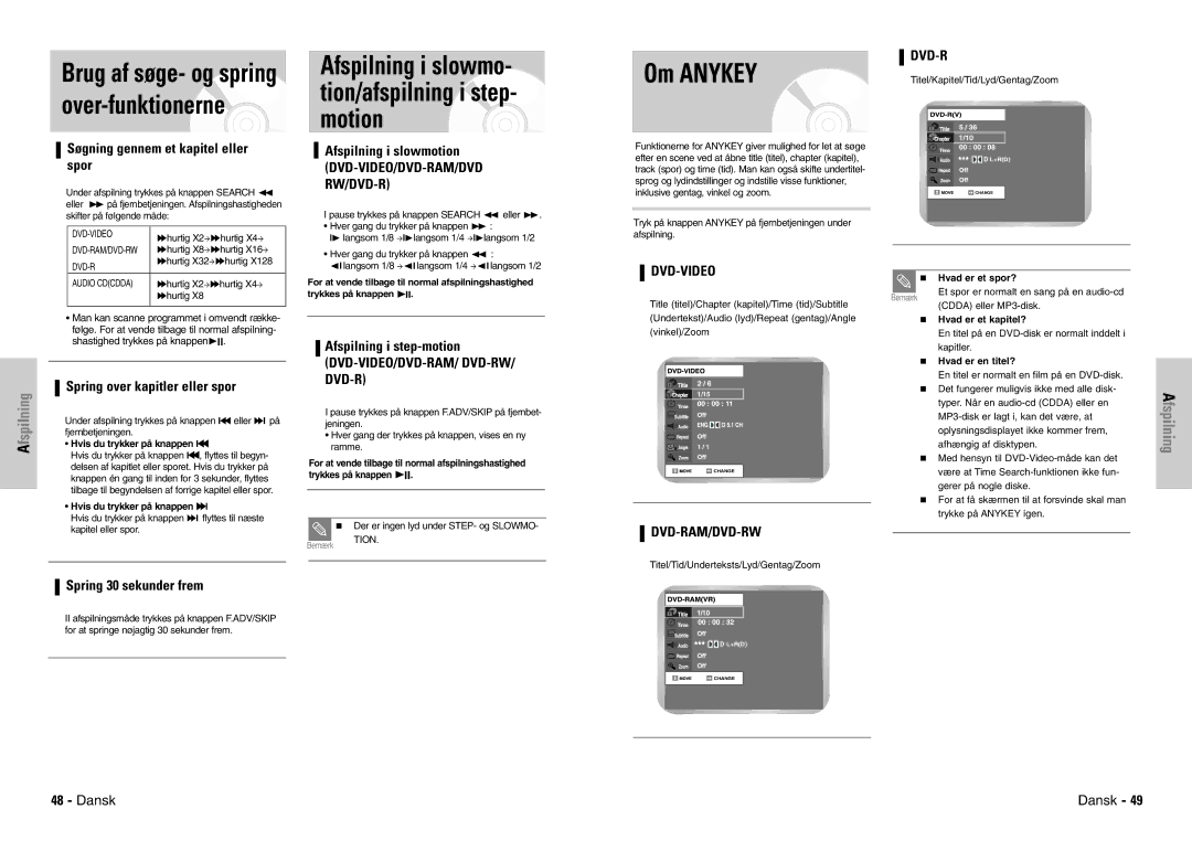 Samsung DVD-VR300E/XEE manual Om Anykey, Brug af søge- og spring over-funktionerne, Afspilning 