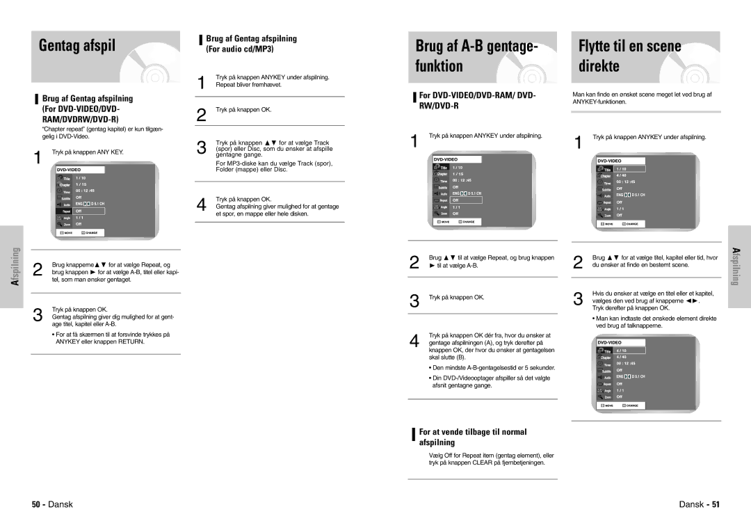 Samsung DVD-VR300E/XEE manual Gentag afspil, FspilningA, For DVD-VIDEO/DVD-RAM/ DVD- RW/DVD-R 