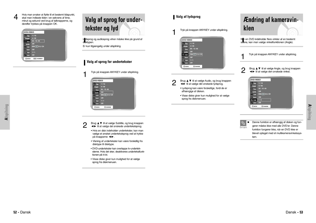 Samsung DVD-VR300E/XEE Ændring af kameravin- klen, Valg af sprog for under- tekster og lyd, Valg af sprog for undertekster 