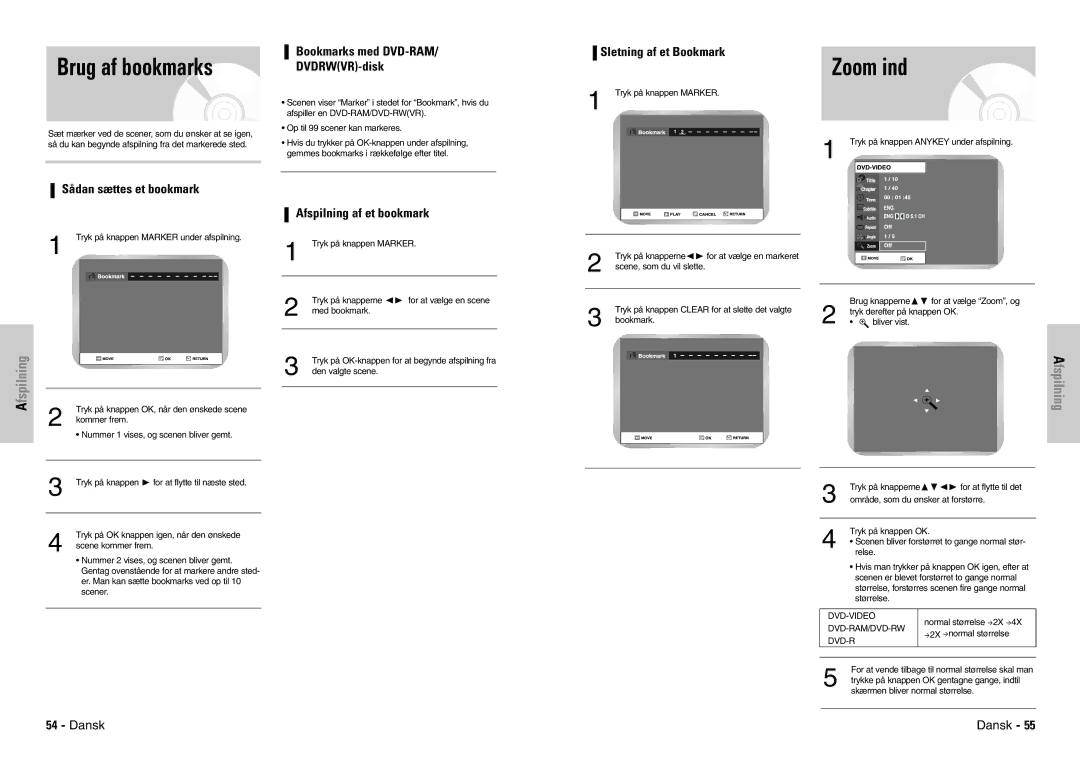 Samsung DVD-VR300E/XEE manual Brug af bookmarks, Zoom ind 