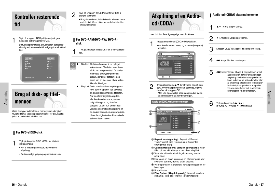 Samsung DVD-VR300E/XEE manual Tid, Menuen, Kontroller resterende, Brug af disk- og titel 