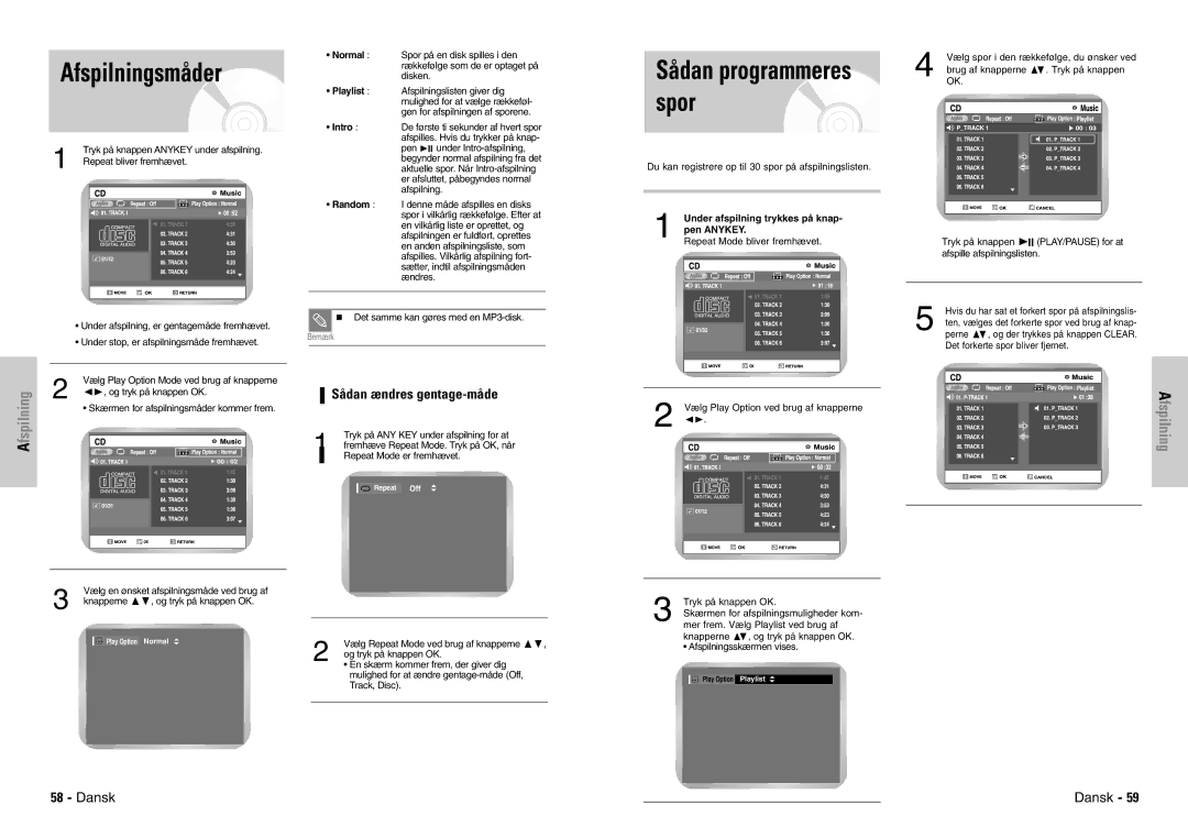 Samsung DVD-VR300E/XEE manual Afspilningsmåder, Sådan ændres gentage-måde, Pen Anykey, Repeat Mode bliver fremhævet 