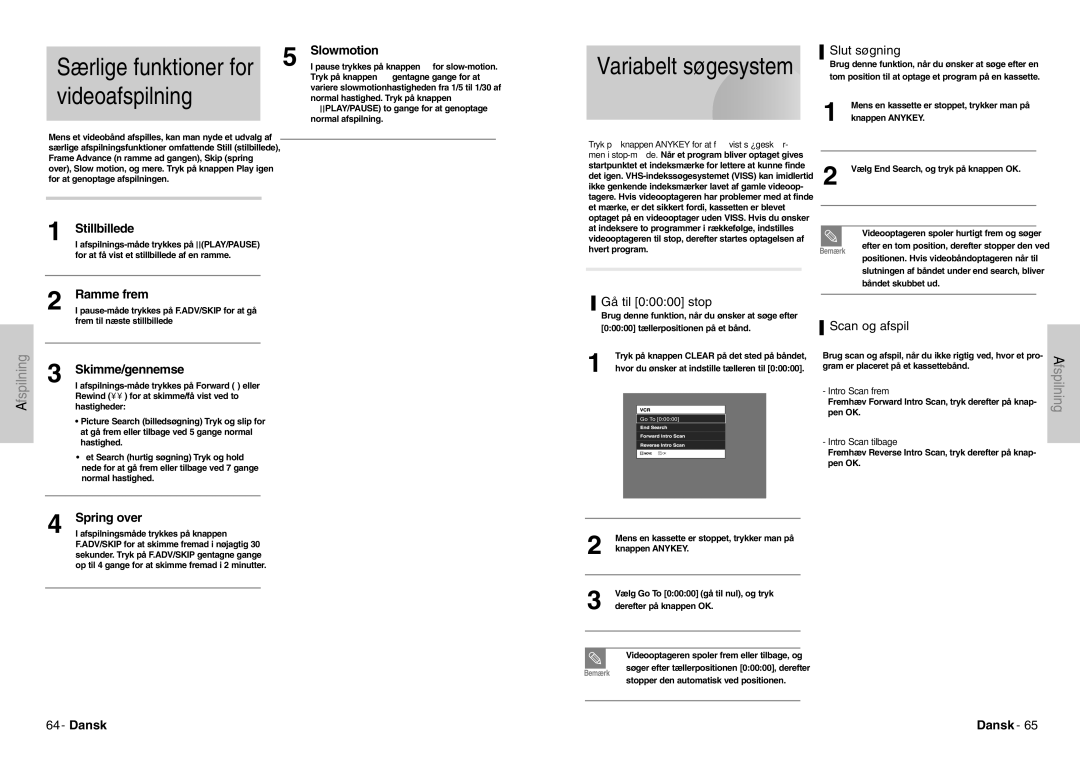 Samsung DVD-VR300E/XEE manual Videoafspilning, Slut søgning, Gå til 00000 stop, Scan og afspil 