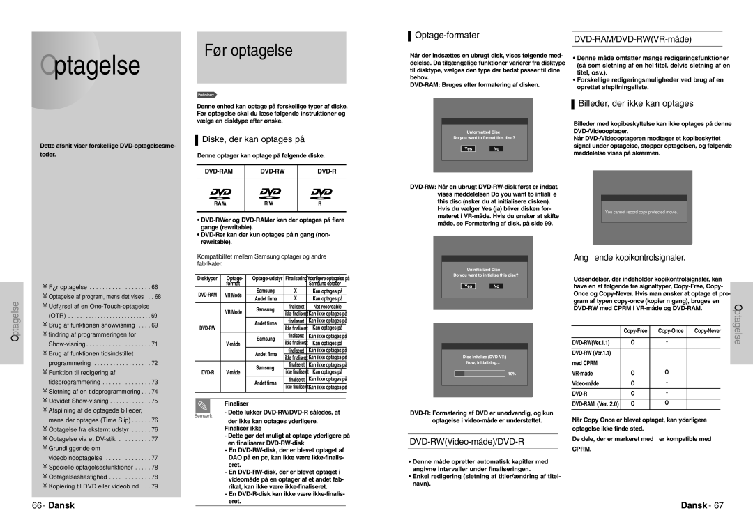 Samsung DVD-VR300E/XEE manual Før optagelse, Optagelse 