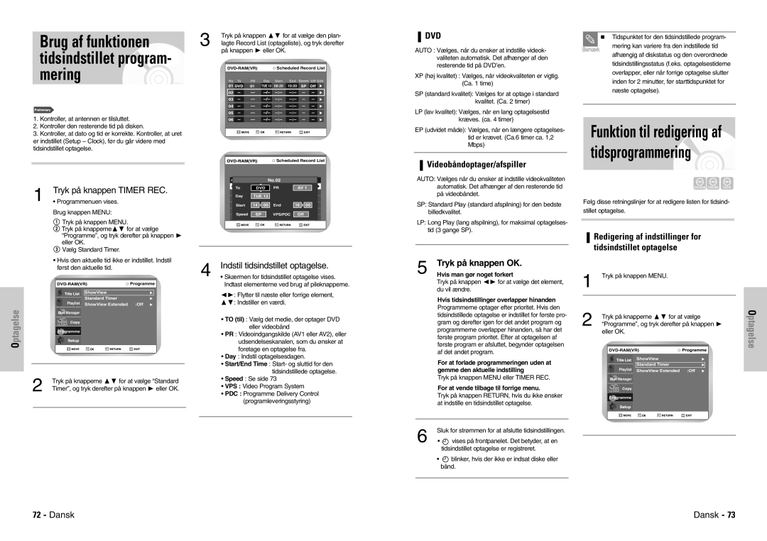 Samsung DVD-VR300E/XEE manual Mering, Tidsindstillet program, Funktion til redigering af tidsprogrammering 