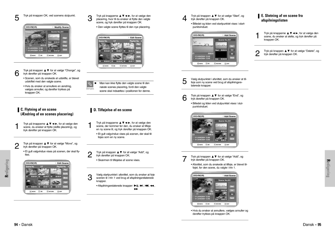 Samsung DVD-VR300E/XEE Sletning af en scene fra afspilningslisten, Flytning af en scene Ændring af en scenes placering 