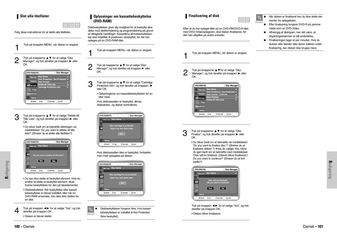 Samsung DVD-VR300E/XEE manual Slet alle titellister, Oplysninger om kassettebeskyttelse DVD-RAM, Finalisering af disk 