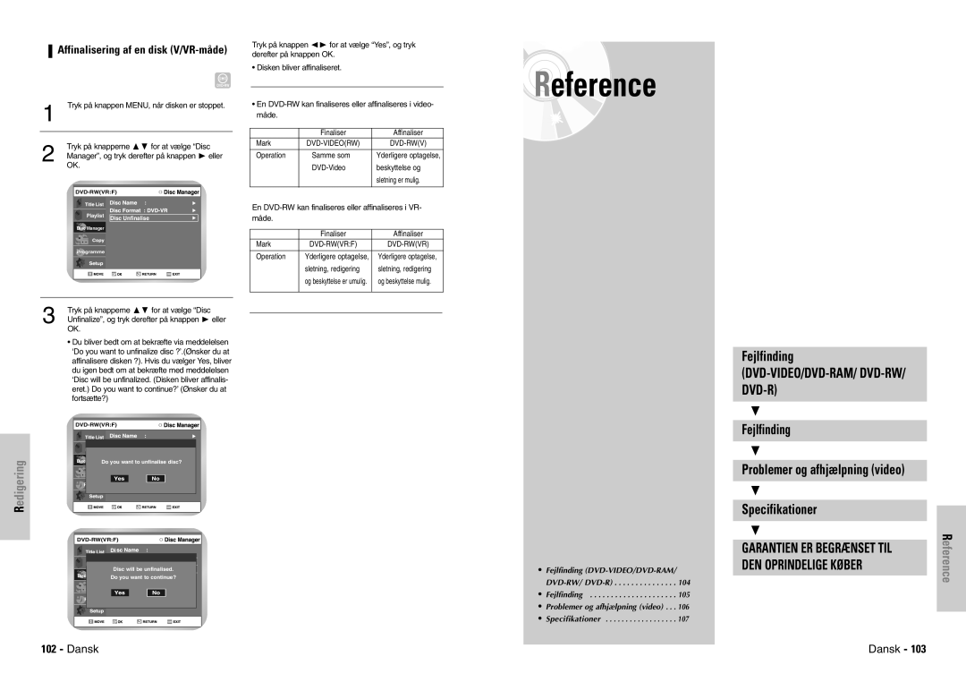 Samsung DVD-VR300E/XEE manual Reference, Affinalisering af en disk V/VR-måde 