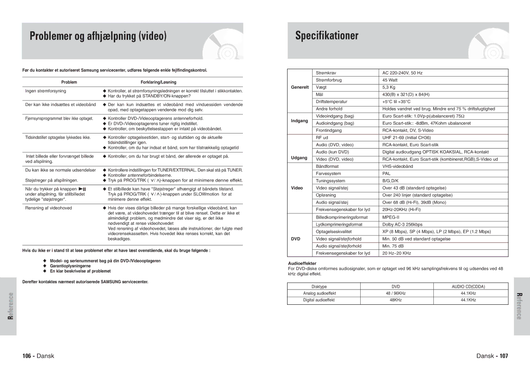 Samsung DVD-VR300E/XEE manual Problemer og afhjælpning video, Specifikationer 