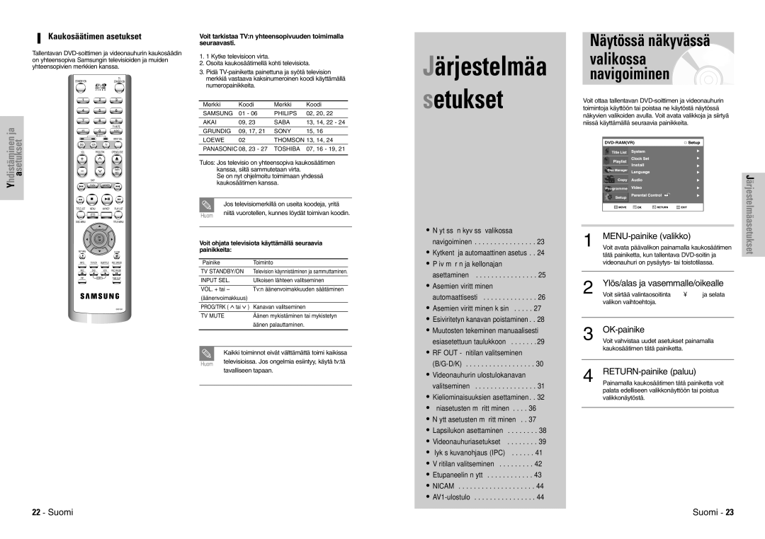 Samsung DVD-VR300E/XEE manual Näytössä näkyvässä, Valikossa navigoiminen, Kaukosäätimen asetukset 