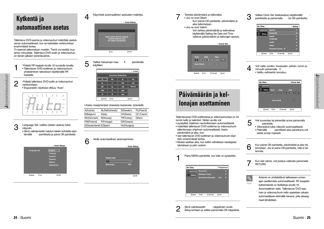 Samsung DVD-VR300E/XEE manual Kytkentä ja automaattinen asetus, Päivämäärän ja kel- lonajan asettaminen 