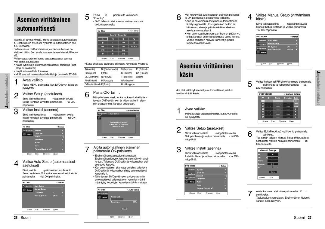 Samsung DVD-VR300E/XEE manual Asemien virittäminen automaattisesti 