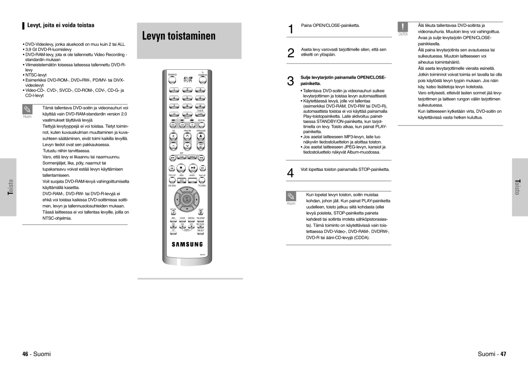 Samsung DVD-VR300E/XEE manual Levyn toistaminen, Levyt, joita ei voida toistaa, Sulje levytarjotin painamalla OPEN/CLOSE 