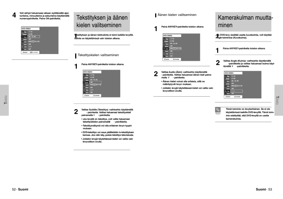 Samsung DVD-VR300E/XEE Kamerakulman muutta- minen, Tekstityksen ja äänen kielen valitseminen, Tekstityskielen valitseminen 