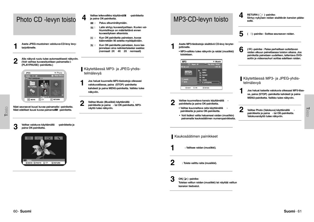 Samsung DVD-VR300E/XEE manual MP3-CD-levyn toisto, Käytettäessä MP3- ja JPEG-yhdis- telmälevyä, Kaukosäätimen painikkeet 