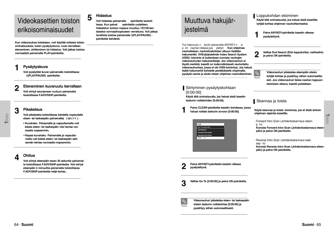 Samsung DVD-VR300E/XEE manual Loppukohdan etsiminen, Skannaa ja toista 