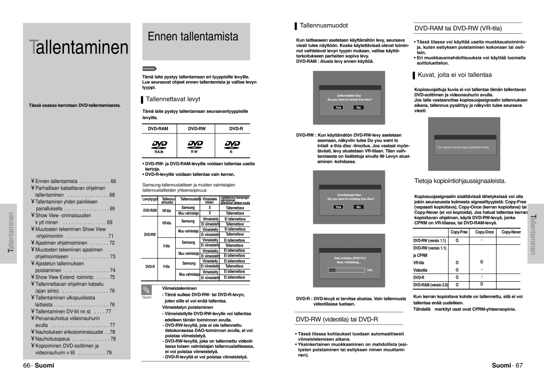 Samsung DVD-VR300E/XEE manual Ennen tallentamista 