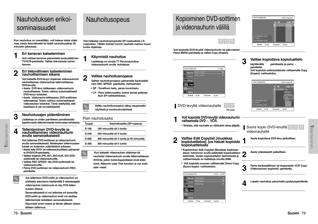 Samsung DVD-VR300E/XEE manual Nauhoitusopeus, Sominaisuudet, DVD-levyltä videonauhalle 