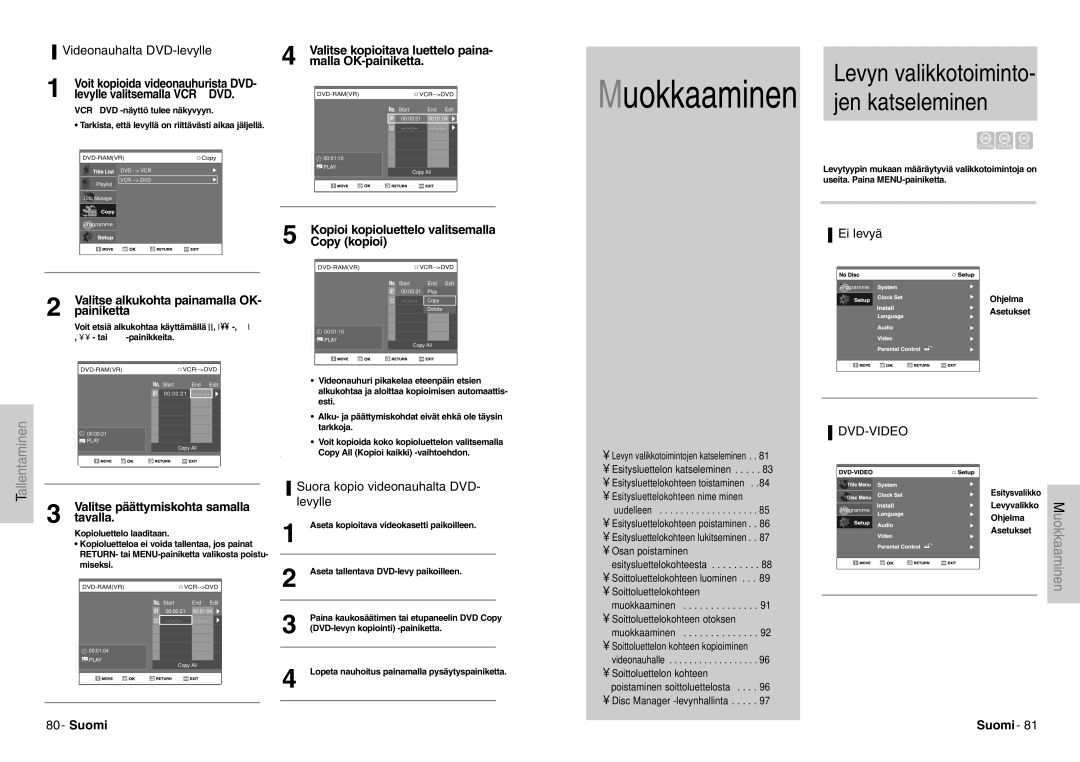 Samsung DVD-VR300E/XEE manual Levyn valikkotoiminto- jen katseleminen, Videonauhalta DVD-levylle, Ei levyä 