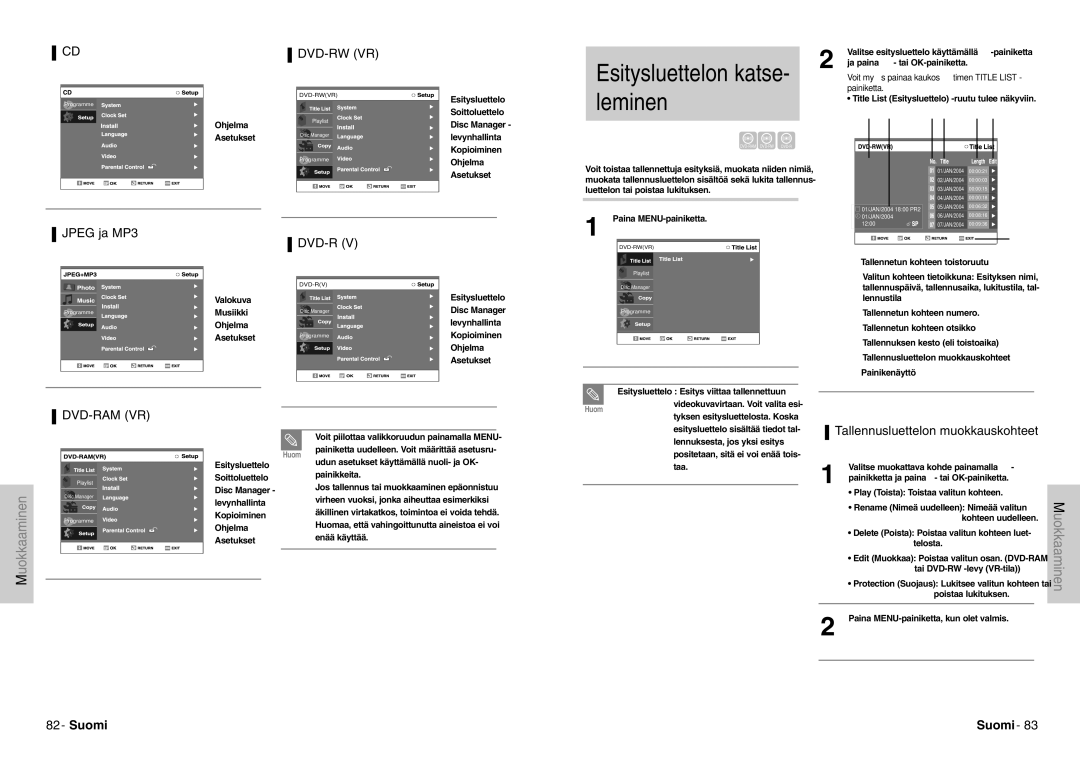 Samsung DVD-VR300E/XEE manual Esitysluettelon katse- leminen, Jpeg ja MP3, Tallennusluettelon muokkauskohteet 