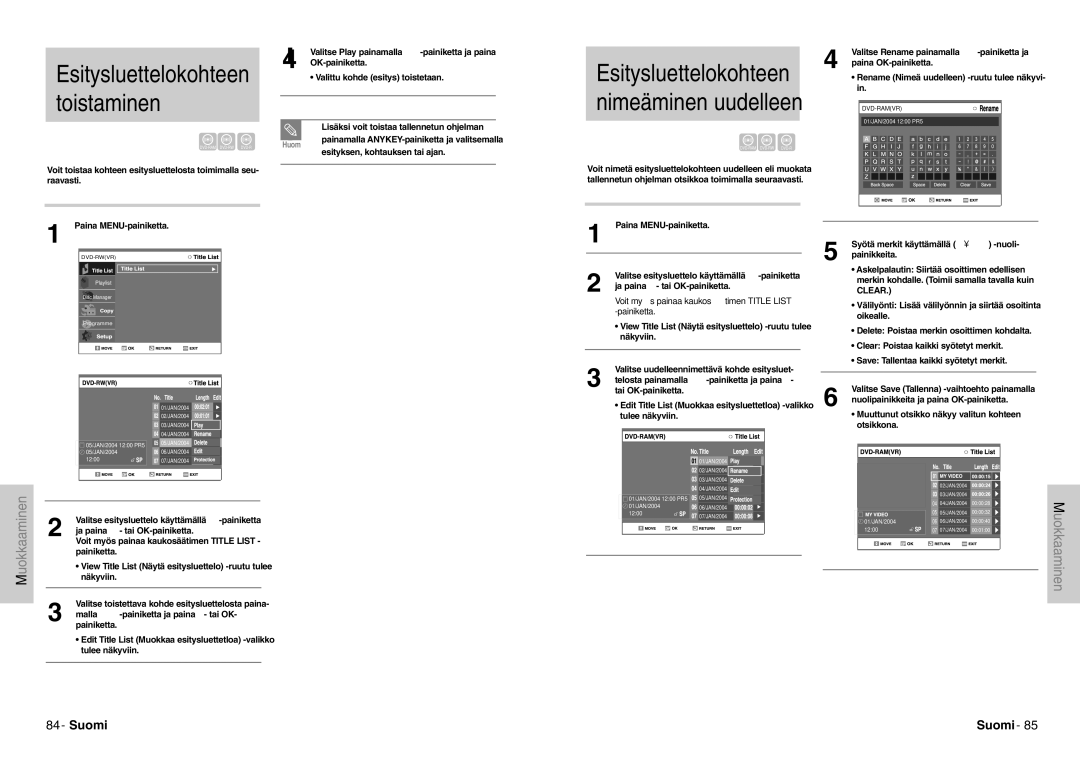 Samsung DVD-VR300E/XEE manual Esitysluettelokohteen toistaminen, Esitysluettelokohteen nimeäminen uudelleen 